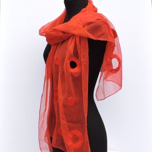 Red silk scarf with felted circles geometric design handmade fashion slow fashion designer scarf art scarf by Charlotte Molenaar Art.toWear