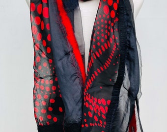 Red and black polka dots upcycled scarf made of reclaimed fabric and hand dyed black silk with hand felted merinowool unique festive fashion