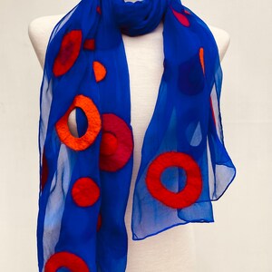 Black silk scarf with bright blue felted circles geometric design natural materials handmade designer scarf by Charlotte Molenaar Art.toWear