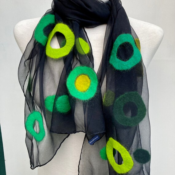 Black silk scarf with bright blue felted circles geometric design natural materials handmade designer scarf by Charlotte Molenaar Art.toWear