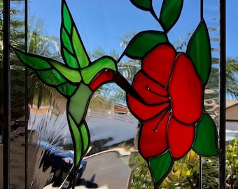Hummingbirds Stained Glass Panel With Hibiscus - Window, Hangings - Bird Flower Nature - Customizable Item#254
