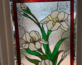 Iris Stained Glass Window With Frame - Ready To Install Stained Glass Iris Trio Panel - Iris Flower Home Decor - Customizable Item# 55