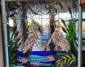 Egret Stained Glass Window Panel, Hangings - Dragonfly, Waterlilies - Birds, Flowers - Customizable Item#11552