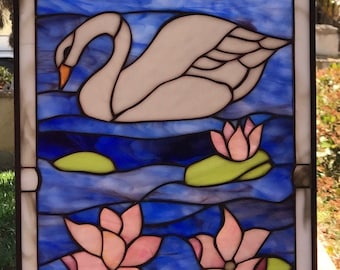 Swan and Water Lilies Window Panel -  Swan and Water Lilies Stain Glass -  Swan and Water Lilies Design - Customizable Item #512