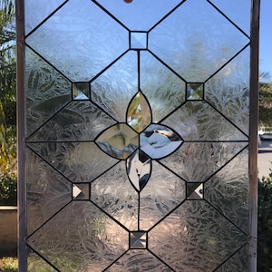 Leaded Beveled Stained Glass Window Panel, Hangings, Transom - Ventura - Clear Textured Glass Art, Geometric - Customizable Item #11413