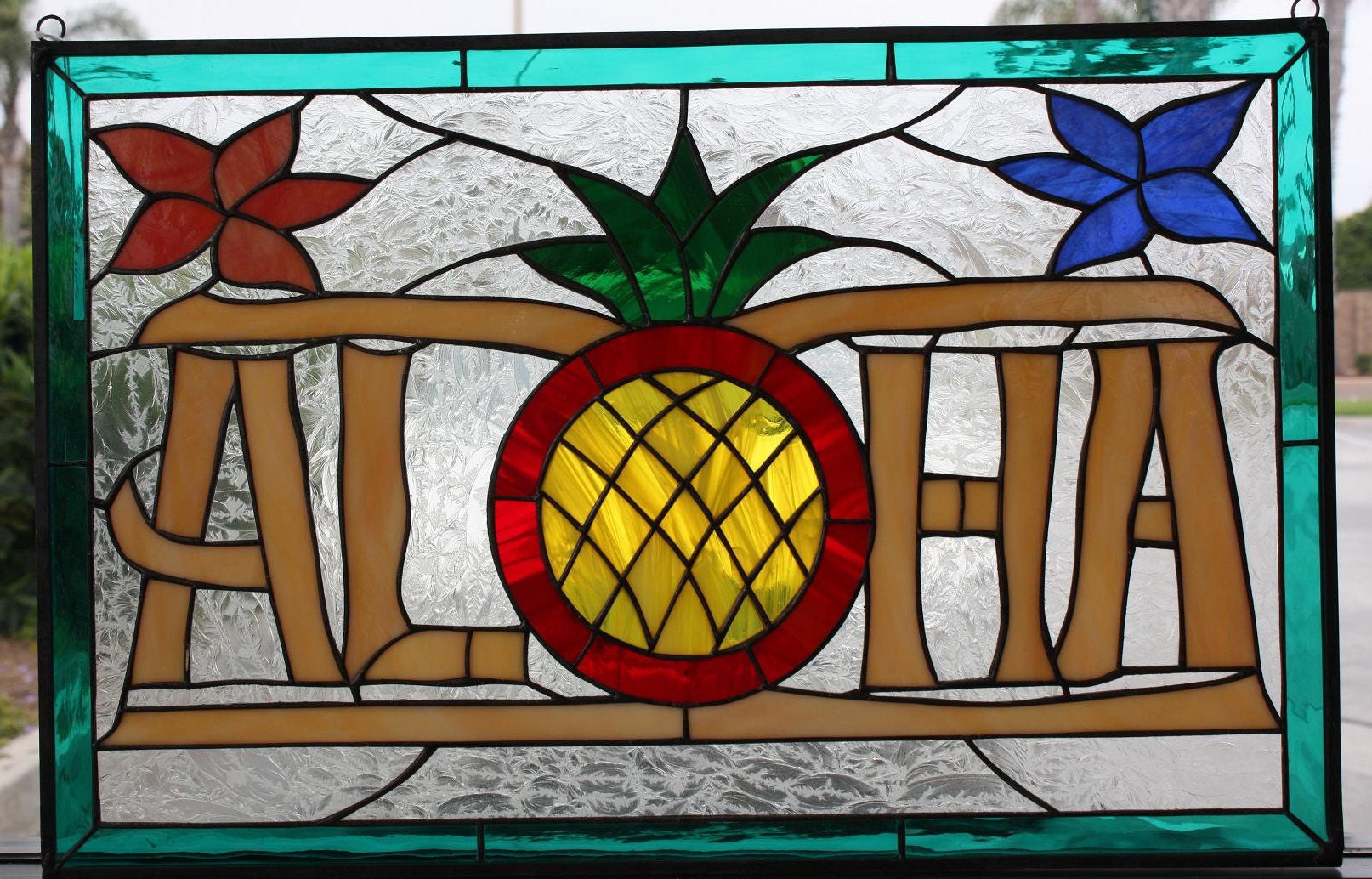 Hawainn Pattern Window Aloha & Pineapple Stained Glass Window Panel, Hangings - Southwestern ...