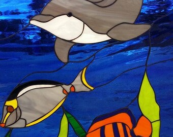 Dolphin Trigger Fish Stained Glass Leaded Window Panel Etsy