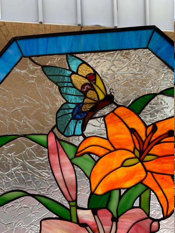 Octagon Lilies Butterfly Stained Glass Panel Window Orange Etsy