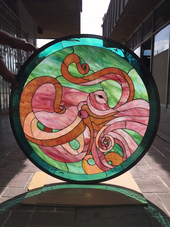 Round Octopus Garden Stained Glass Window Panel Decorative Window Customizable Item 543