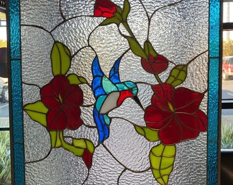 Hummingbird & Red Hibiscus Stained Glass Window Panel, Hangings - Bird Glass Windows,  Flower Stained Glass Art - Customizable Item#317