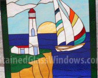 Lighthouse & Sailboat Stained Glass Window Panel, Hangings - Ocean, Beach Decor - Customizable Item #4148