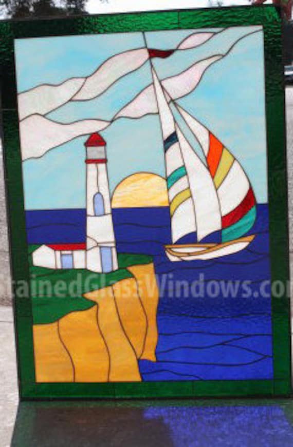 Fused Glass Lighthouse with Sailboats