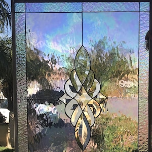 Iridescent Leaded Stained Glass Window Panel, Cabinet Insert - Oakley Clear Beveled Glass - Geometric Floral Pattern - Customizable Item# 71