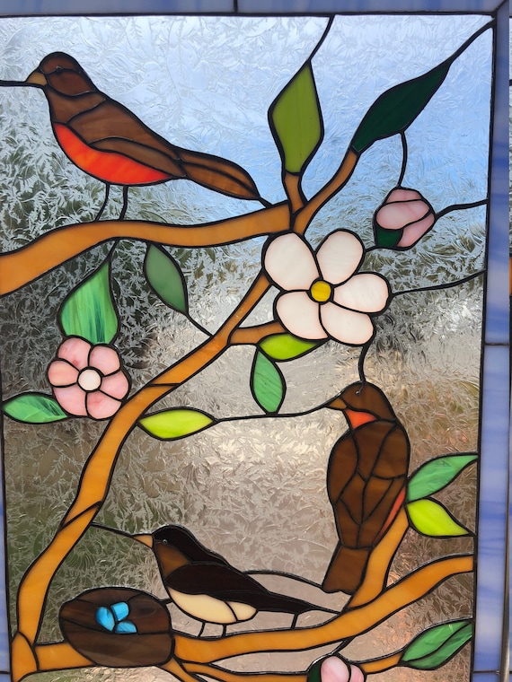 Birds & Blossoms Leaded Stained Glass Window Panel Cardinal