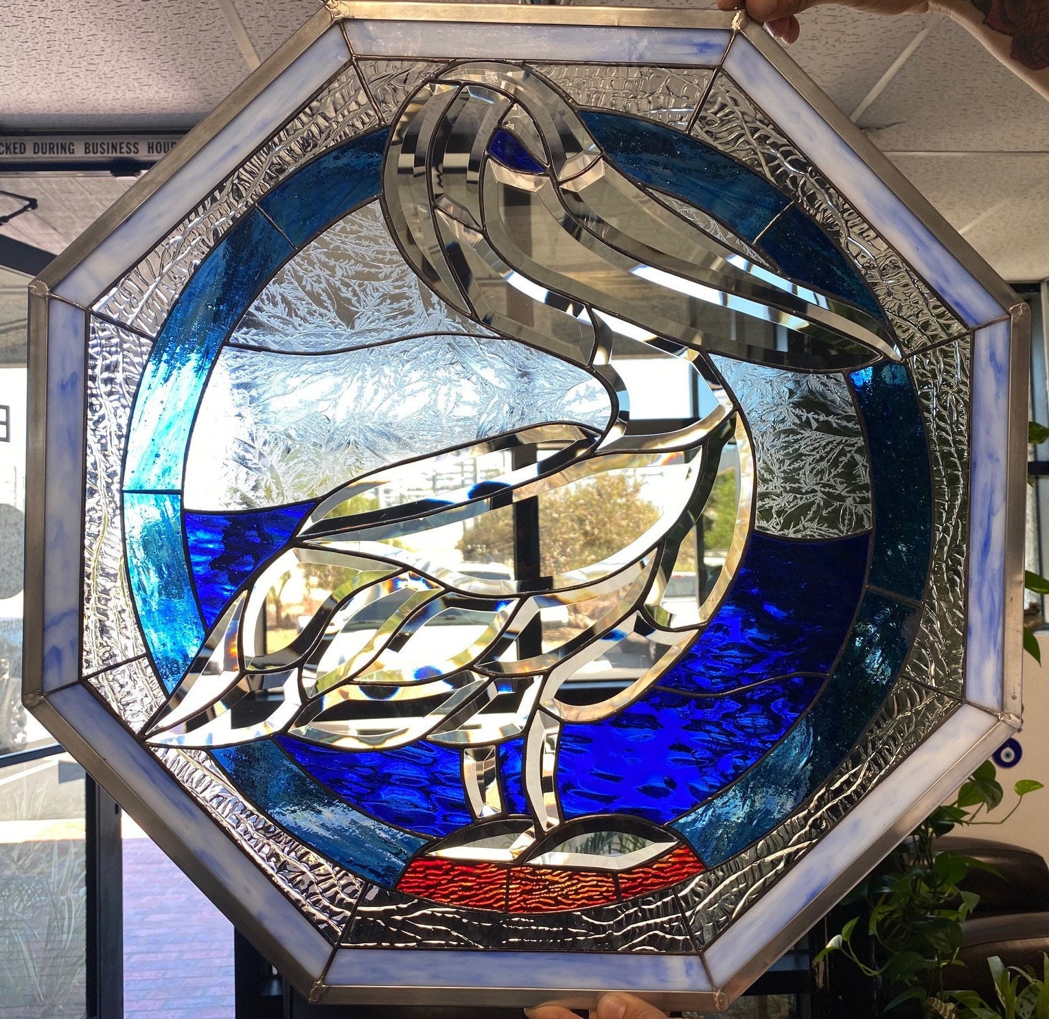Octagon Pelican Beveled Glass - Leaded Stained Glass Window Panel