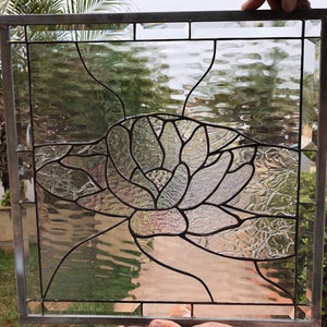 Leaded Stained Glass Lotus Flower - Window, Panel, Hangings - Clear Glass, Beveled – Customizable Item #32101