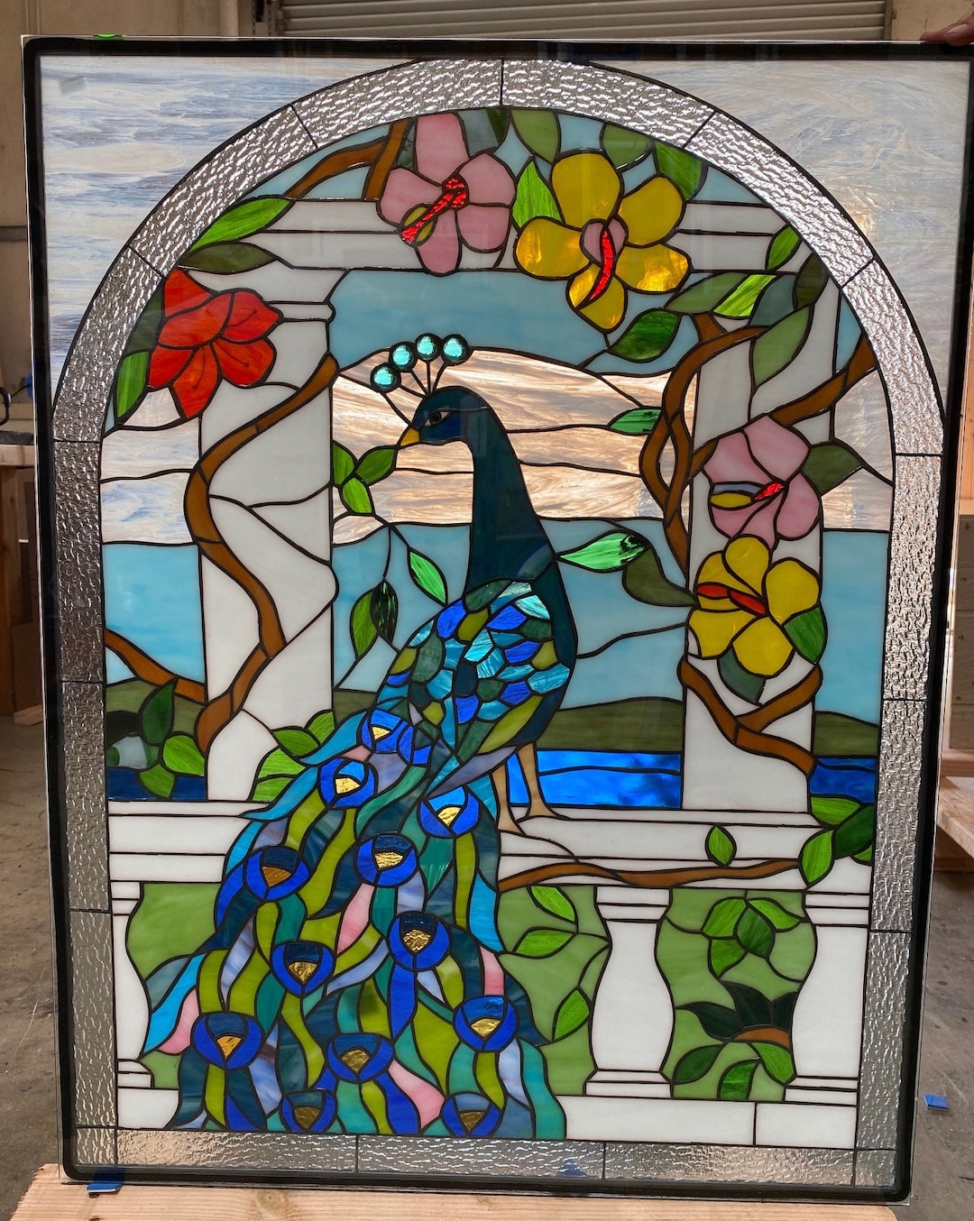 Peacock & Hibiscus Flowers Stained Glass Window Panel, Hangings