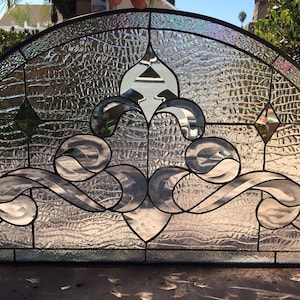 Elegant Clear Beveled Geometric Arched Stained Glass Window Transom, Glendale Clear Textured Glass, Abstract Modern - Customizable Item#1685
