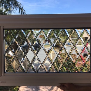 Beveled diamonds Stained Glass Window - Insulated Safety Glass Unit - Pre-installed Into a Vinyl Frame - Customizable Item #522