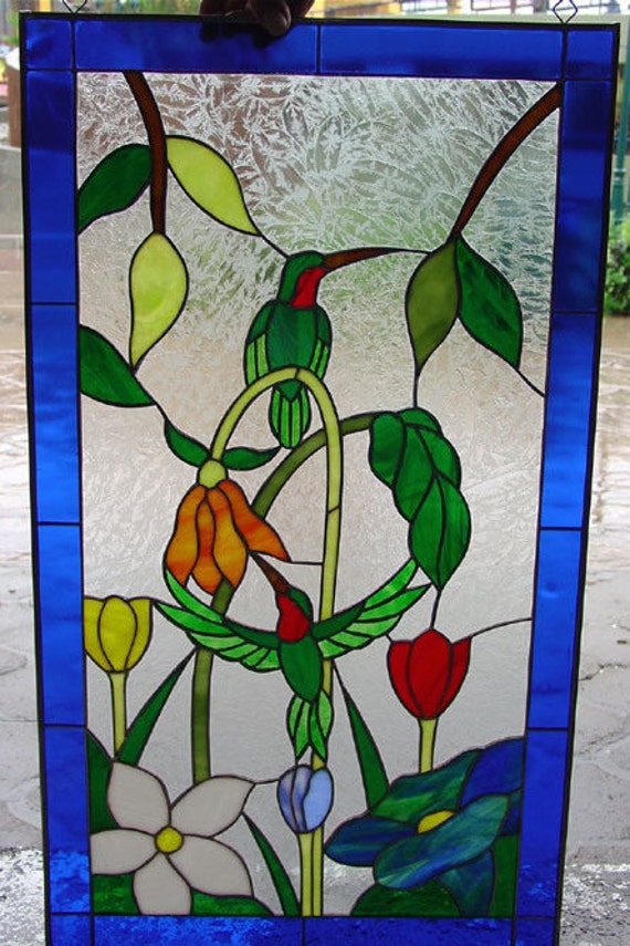 Resting Hummingbird & Flowers Stained Glass Window Panel - Etsy