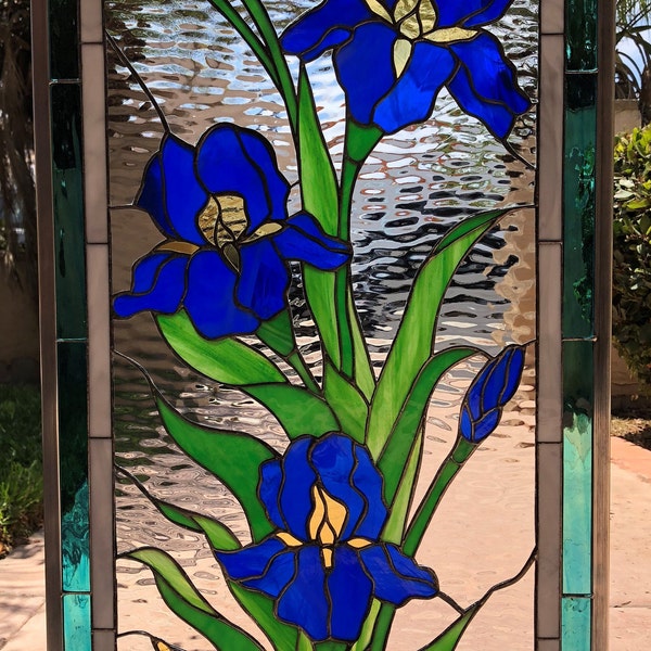 Iris Stained Glass Window, Panel, Hangings - Iris Flowers, Buds - Clear Texture - Customizable Item #15967