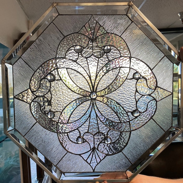 Custom Windsor Stained Glass | Clear Iridescent Octagon Window | Geometric Suncatcher #7285