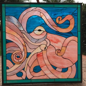 Octopus Stained Glass Window Panel Hangings - Leaded Glass, Sea Creature, Nautical - Customizable Item #7816