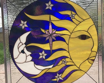 Stars, Sun, Moon Stained Glass Window Panel Hangings #4 - Galaxy Celestial Crescent Golden Sun Glass Art Decor - Customizable Item #10071