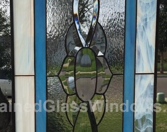 Beveled Stained Glass Window Panel Hangings Transom - Blue White Geometric Abstract Design Home Decor - Customizable Item #11361