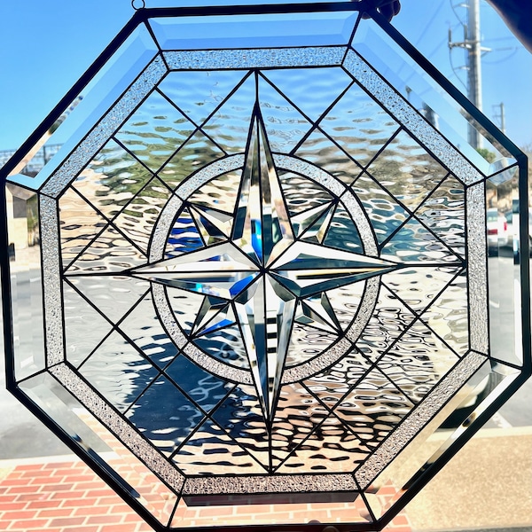 Compass Rose Stained Glass Window, Panel - Octagonal   Stain Glass Geometric Compass, Tudor Clear Glass - Customizable Item