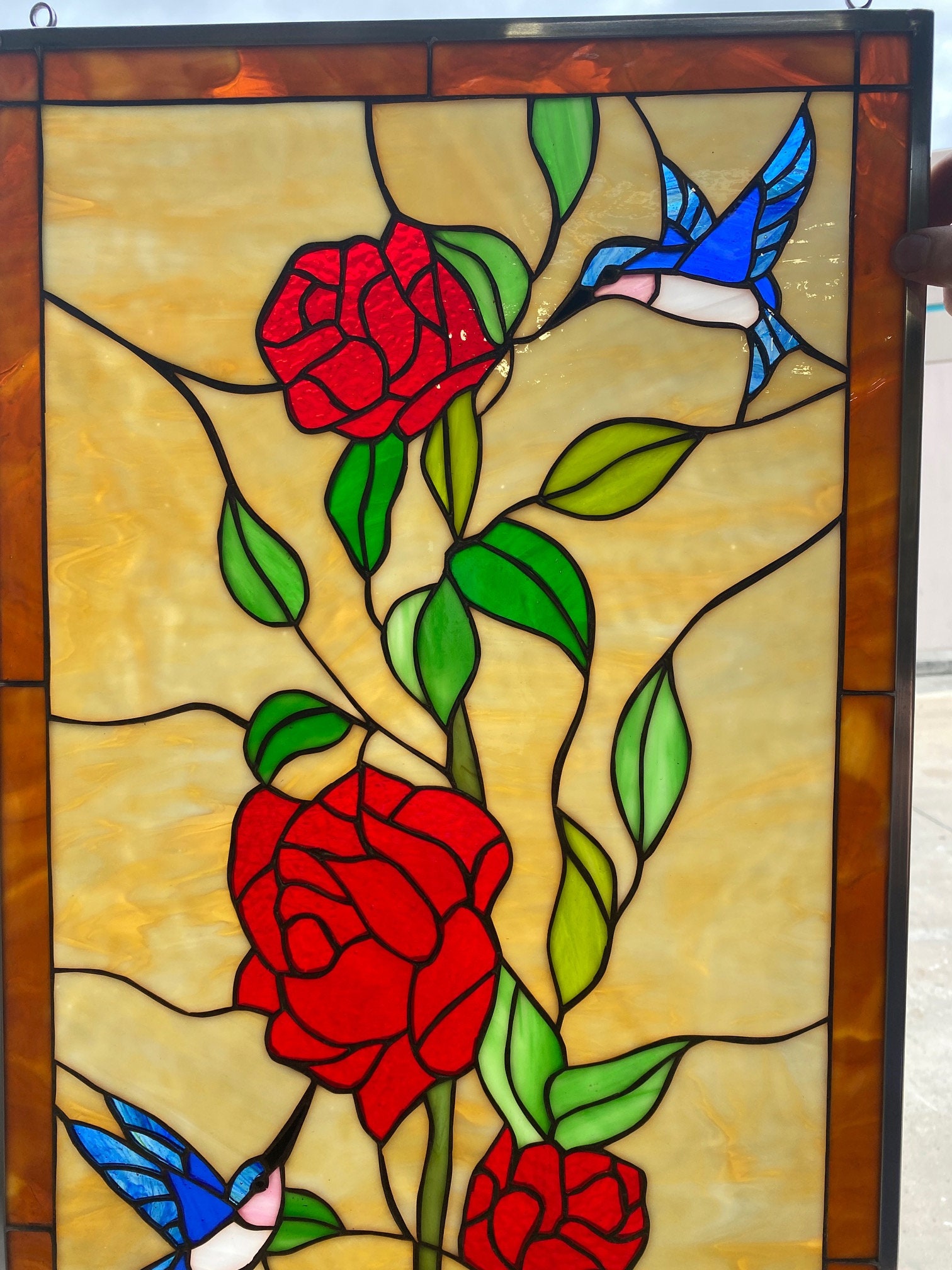 Hummingbird Red Roses Leaded Stained Glass Window Panel Etsy Ireland