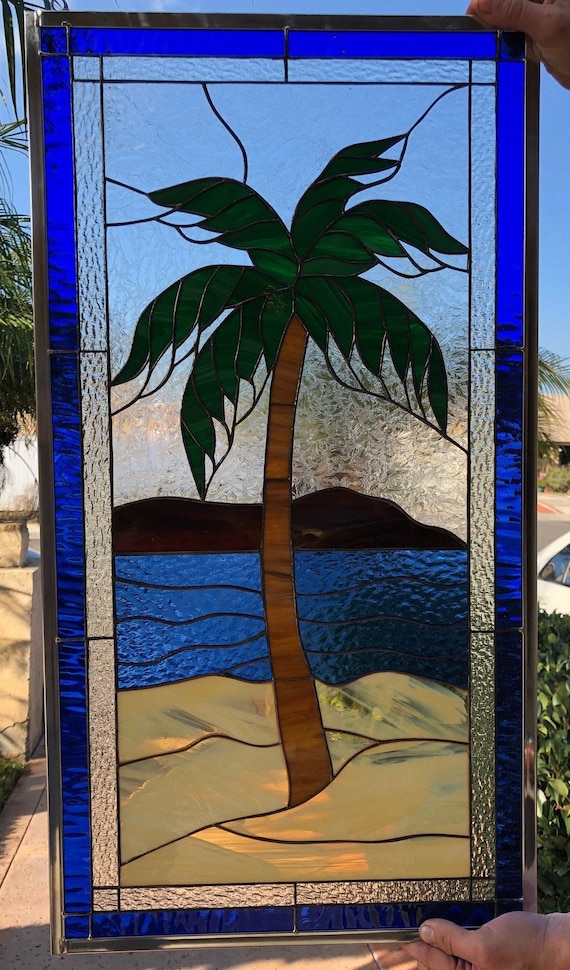banana leaf art beach home decor window glass kitchen window art turquoise sky STAINED GLASS LEAF plant lover gift tropical glass