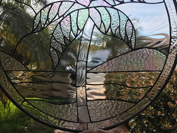 Iridescent Palm Tree Stained Glass Window Panel, Hangings