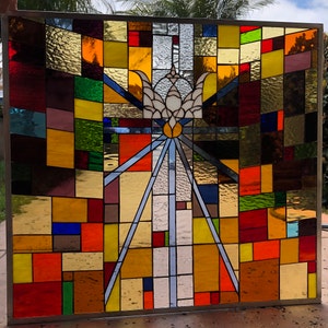 Colorful Cross Stained Glass Window Panel - Religious Stained Glass - Church Stained Glass Window, Hangings - Customizable Item #14605