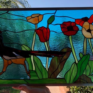 Roadrunner, Poppy Flower Leaded Stained Glass Window Panel, Hangings Bird Stained Glass Art Flower Stained Glass Customizable Item 14733 image 2