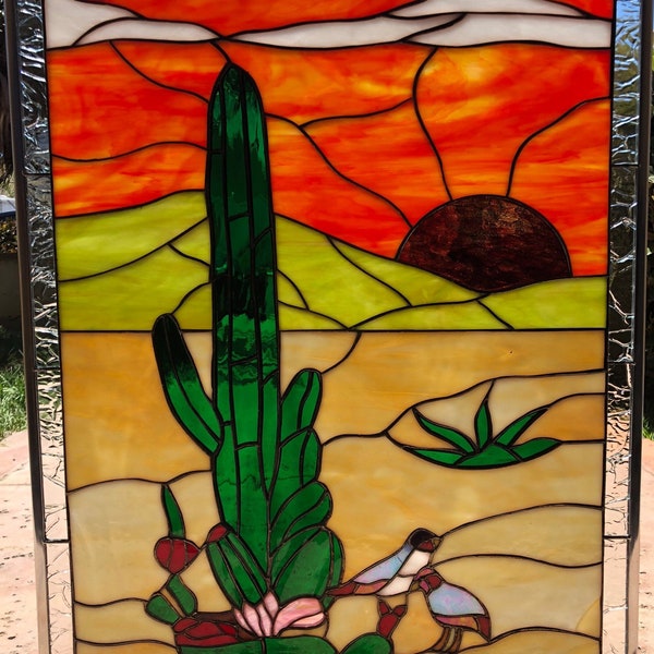 Cactus Stained Glass Panel - Desert Quail Bird Sun - Window, Hangings, Gift - Customizable Item #8519