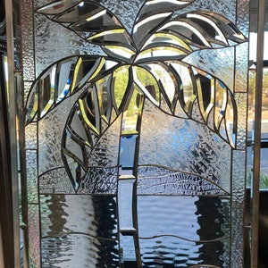 All Clear Beveled Palm Tree Stained Glass Window Panel - Clear Leaded Stained Glass, Coconut Tree Beveled Glass Art Customizable Item #10128