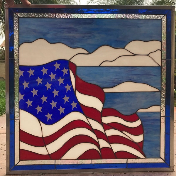 American Pride Leaded Stained Glass Window Panel - USA Flag Stained Glass Art Decor - Nation Patriotic America Flag Customizable Item #10020