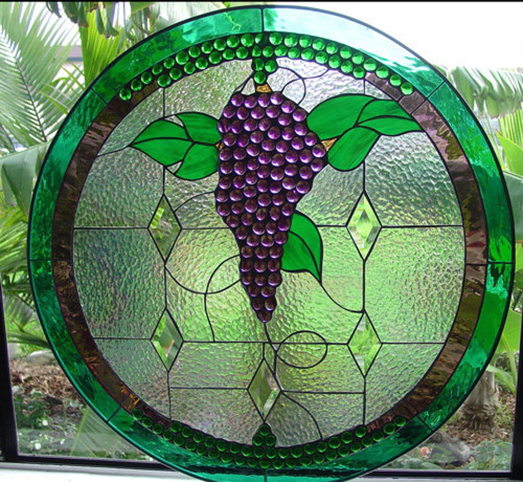 Jeweled Stained Glass Grapes, Beveled Diamonds, Window