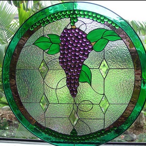 Jeweled Stained Glass Grapes, Beveled Diamonds, Window, Panel - Round Stained Glass Grapes Fruit - Purple Glass Art  Customizable Item #1130
