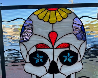 Day Of The Dead Stained Glass Window Panel, Hangings, Cabinet Insert -  - Custom Made Item #4151