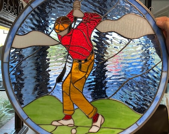 Golfer Leaded Stained Glass Window Panel, Hangings - Golf Sports, Golf Glass Art Decor Gift - Red, Blue - Custom Made Item #1533