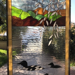 Loons on Lake Stained Glass Panel, Window, Hangings - Nature Birds Ducks on Water - Customizable Item #12724