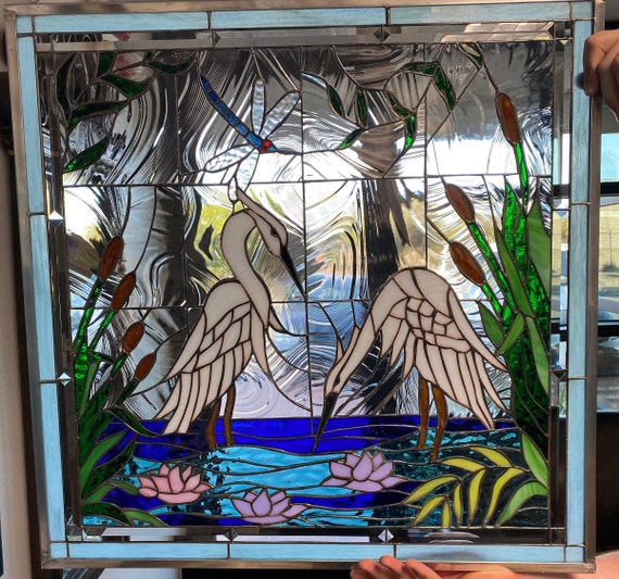Custom Egret Stained Glass | Dragonfly & Waterlily Window Panel