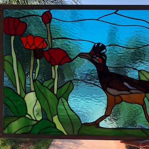 Roadrunner, Poppy Flower Leaded Stained Glass Window Panel, Hangings Bird Stained Glass Art Flower Stained Glass Customizable Item 14733 image 3