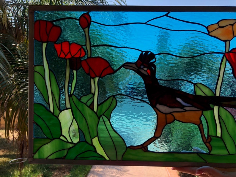 Roadrunner, Poppy Flower Leaded Stained Glass Window Panel, Hangings Bird Stained Glass Art Flower Stained Glass Customizable Item 14733 image 3