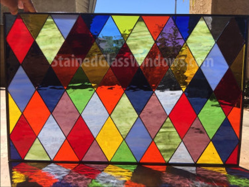 Colorful Harlequin Diamonds Leaded Stained Glass Window Panel Etsy