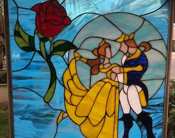 Mystical Beauty And The Beast Stained Glass Window Panel - With Red Rose Beauty & Beast Stain Glass Art Decor - Customizable Item#249