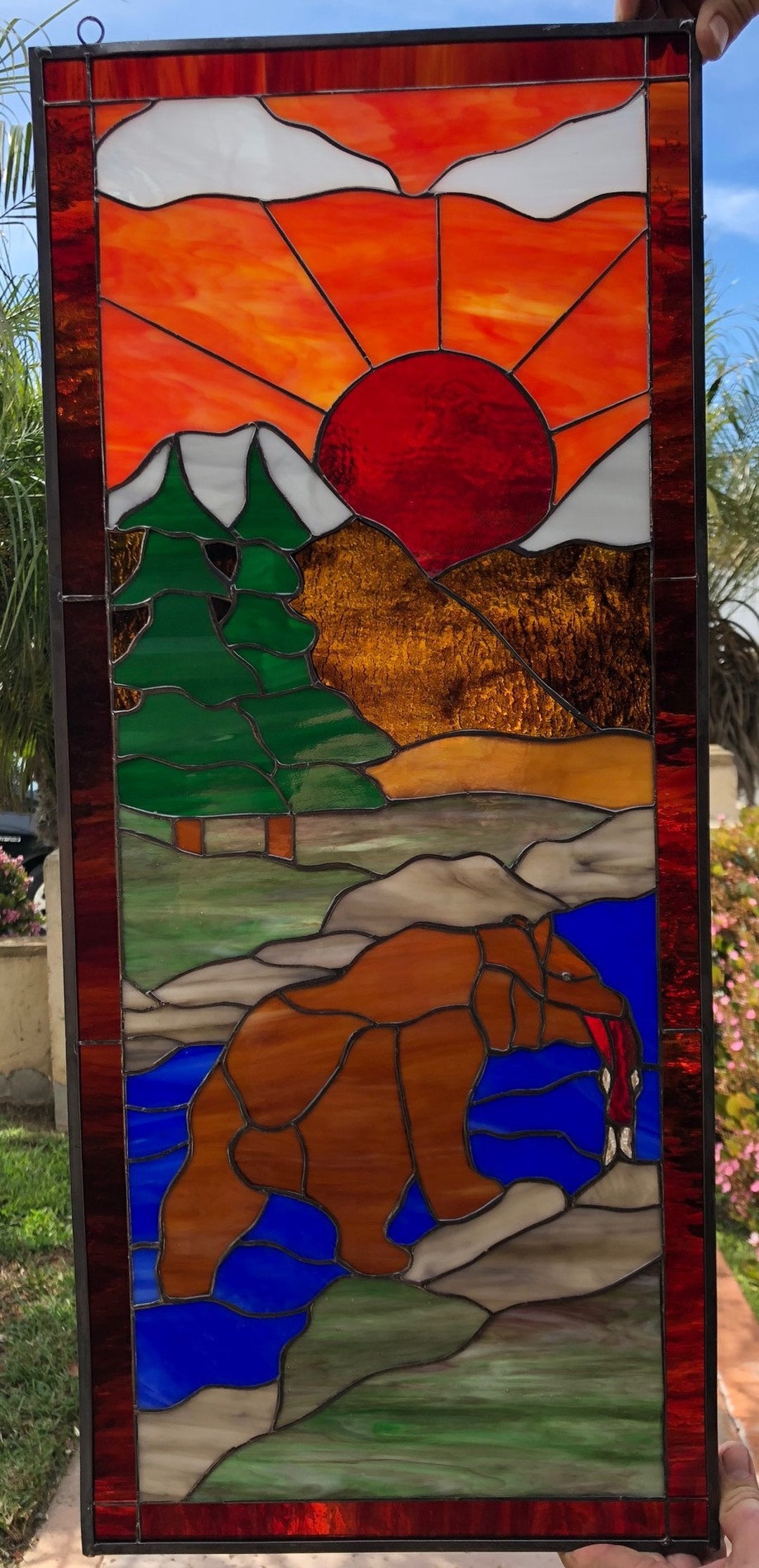 Bear River Salmon Leaded Stained Glass Window Panel Colorful