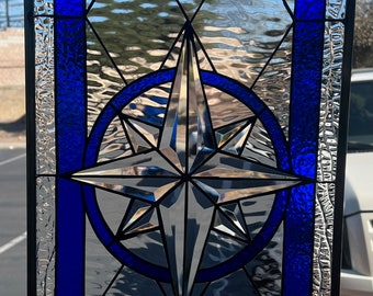 Clear and Beveled Compass Rose Stained Glass Window Panel - Customizable Item #521